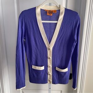Tory Burch Purple Wool Cardigan Cream Trim Logo Buttons Size S